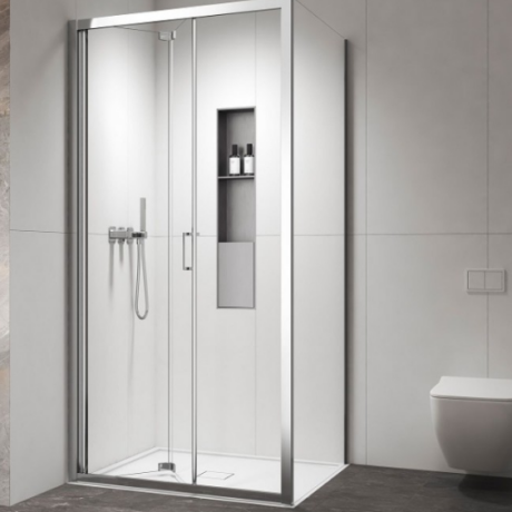 Vivox 400 & L-3811 CHROME - параван за баня от две сгъваеми части с водещи релси и страничен стационарен параван, прозрачно стъкло и хром профил